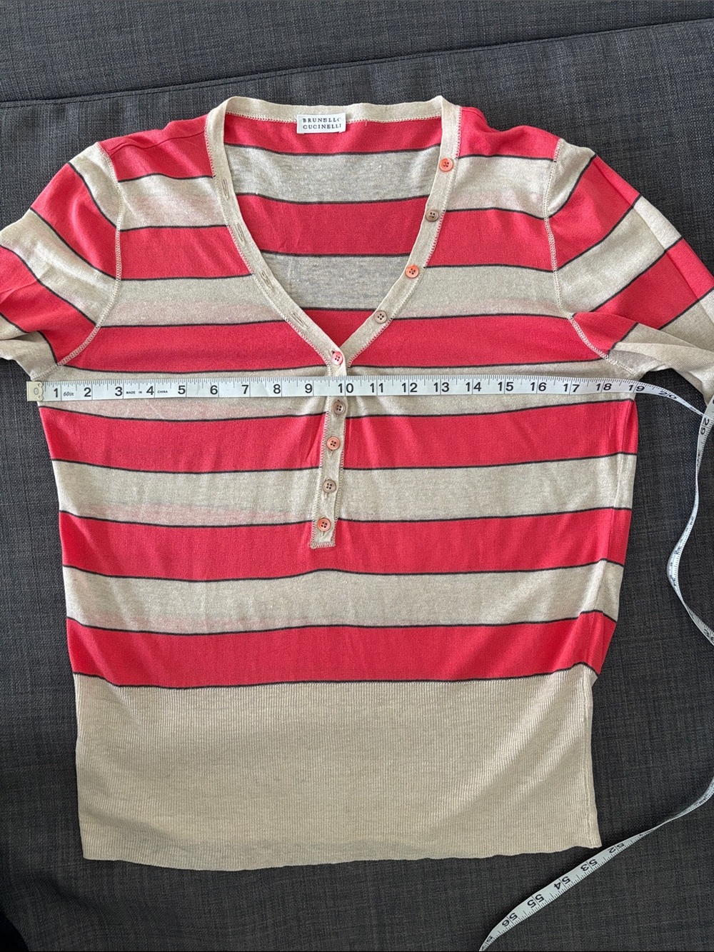 Brunello Cucinelli Striped Red and Beige Button-Front Cardigan - Picture 7 of 9